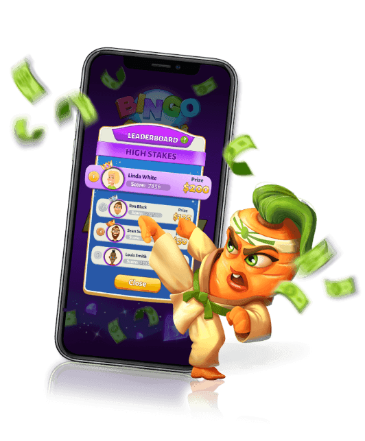 Mobile phone showing the leaderboard screen from Bingo Cash game