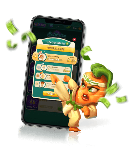 Mobile phone showing the leaderboard screen from Solitaire Cash game